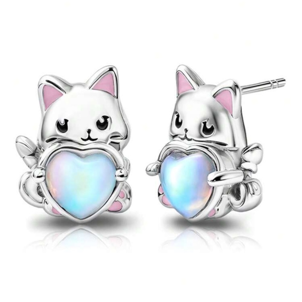 925 Sterling Silver  Cat Earrings with Heart Gem